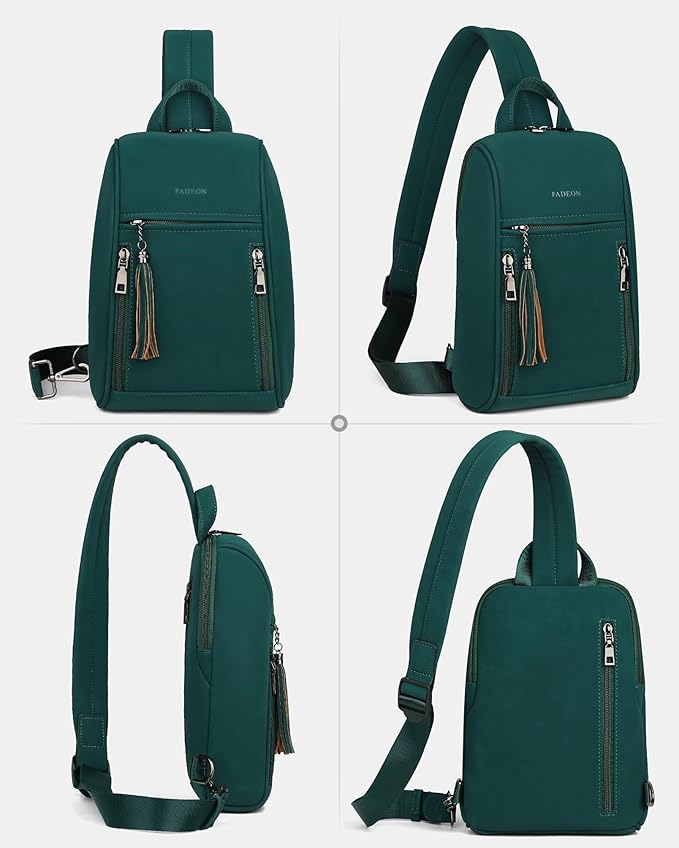 FADEON Sling Bag for Women, Crossbody Purse with Tassels, Designer Leather Shoulder Chest Bags for Travel