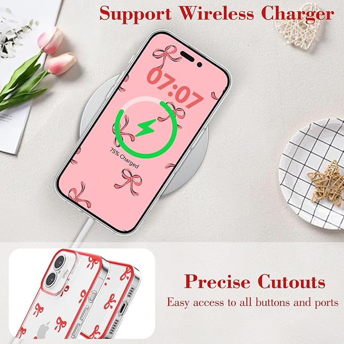 EYZUTAK Case for iPhone 17, Clear Cute Ribbon Bowknot Pattern Aesthetic Transparent Phone Case Raised Camera Protection Stylish Slim Soft Durable TPU Protective Cover for Women Girls - Red