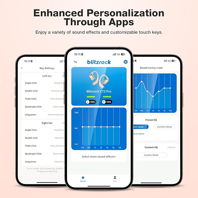 BlitzRock CT3 Pro Open Ear Headphones, Rich Balanced Sound, AI ENC 4 Mics Clear Calls,40H Playtime, IPX5 SweatSafe, Bluetooth 5.4 Wireless Earbuds with Earhooks, App Control