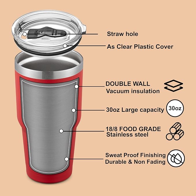 COMOOO 30oz Tumbler Stainless Steel Insulated Tumbler with Lid Double Wall Vacuum Coffee Cup Large Travel Mug for Home, Office, School,Party (Red, 8 Pack)
