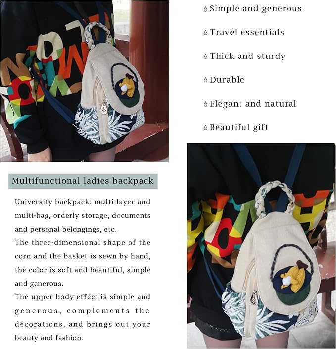 HUANGGUOSHU Women Cotton Woven Bohemian Hemp Boho Canvas Embroidery Multi Pocket Retro Cute Backpack Wallet Backpack（Corn）