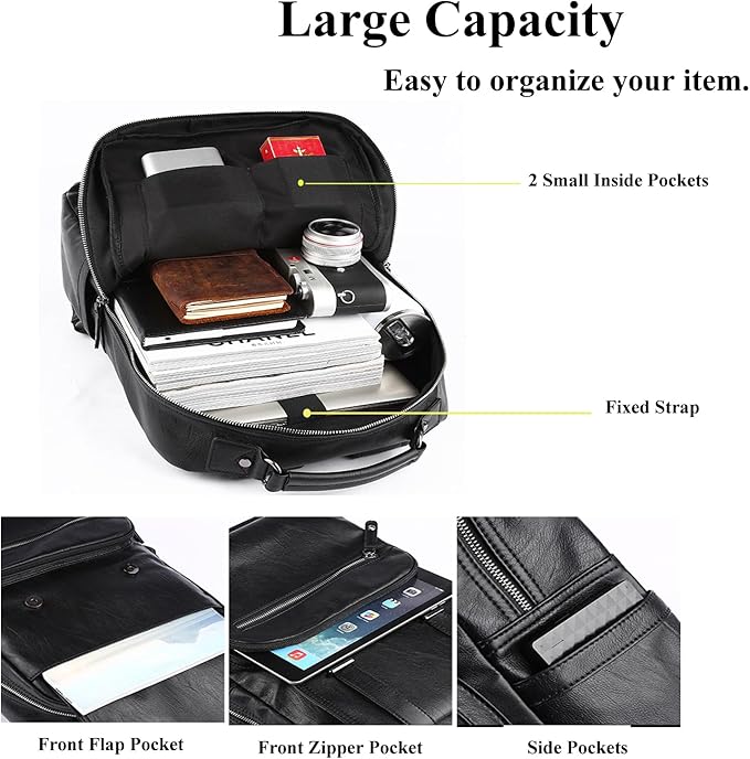 CHAO RAN Vintage Leather Laptop Backpack for Men, Large Waterproof Travel Black Rucksack, Work Knapsack Fit up to 16 inch Laptop, Business Backpack for commute College (Black)