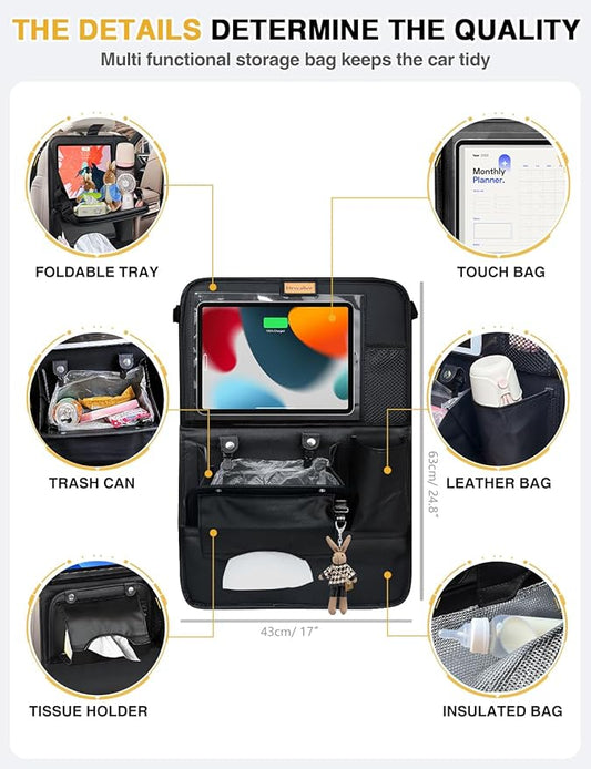 1-Pack Leather Car Backseat Organizer with Tablet Holder–Foldable Food Tray,Storage Pockets,Trash Can,Tissue Holder & Insulated Bag–Kick Mats Protector for Kids,Travel Accessories Organizer