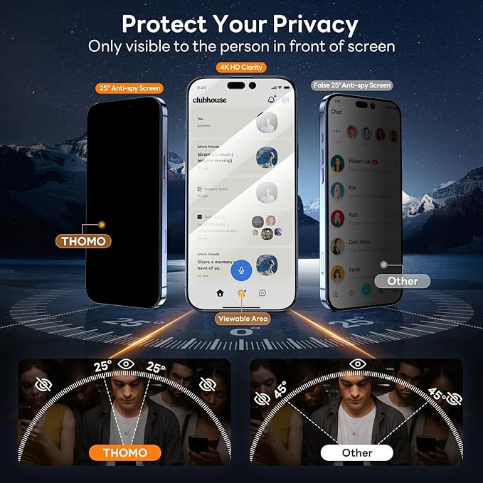 Thomo Privacy Screen Protector for iPhone 17 Pro 2 Pack, [25° Anti Spy] [Top 9H Tempered Glass] [15FT Military Grade Shatterproof] Full Edge Coverage, Bubble Free, Easy Install Case Friendly