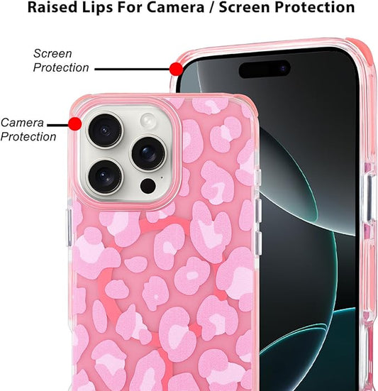 SAKUULO Magnetic for iPhone 16 Pro Case Pink Leopard Print Pattern [Compatible with MagSafe] [with Screen Protector] Wireless Charge Strengthen Protection Cover, Pink Leopard (6.3")