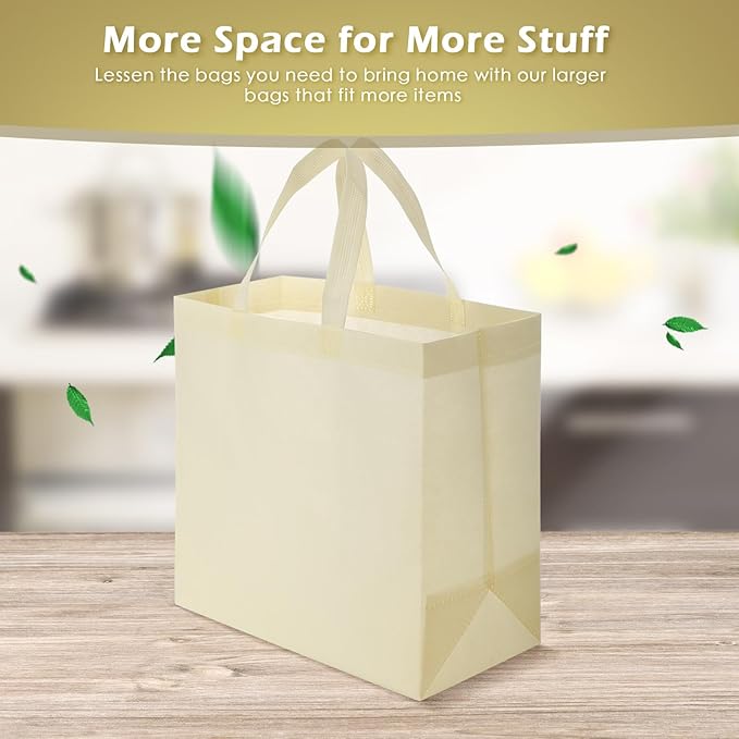 Reginary Reusable Totes Bags - 100 Pcs Non Woven Grocery Handle Bags for Shop Events & Retail Store(Beige)