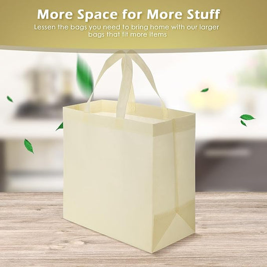 Reginary Reusable Totes Bags - 100 Pcs Non Woven Grocery Handle Bags for Shop Events & Retail Store(Beige)