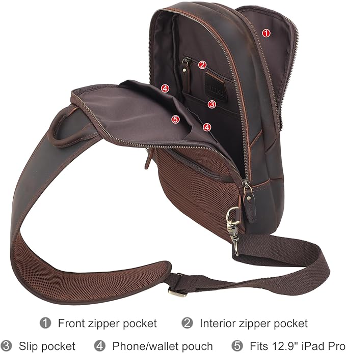 TIDING Men's Vintage Leather Crossbody Sling Bag Outdoor Travel Chest Bag Shoulder Daypack Fits 12.9" iPad