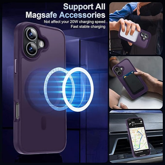 MOCCA Strong Magnetic for iPhone 16 Case, [Compatible with Magsafe][16FT Mil-Grade Drop Protection] Slim Thin Translucent Matte Protective Cover Case for iPhone 16 Phone Case 6.1", Deep Purple