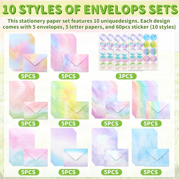 160 Pcs Stationery Paper Set Including 50 Matching Envelopes 50 One Side Stationery Writing Papers 60 Round Dot Sticker for School Office Supplies,10 Designs, 5.5 x 8.25 Inch(Watercolor Wash)