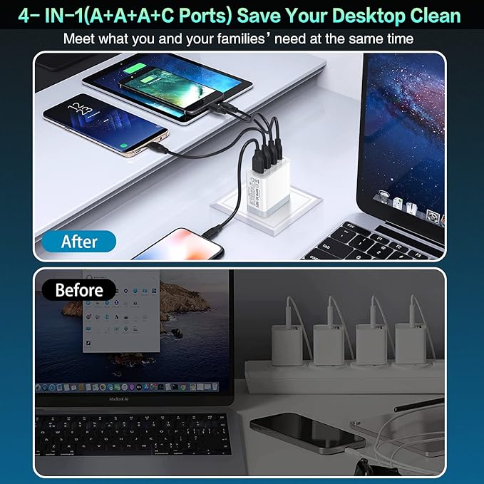 35W USB C Fast Charging Block [4-Pack], 4-Port PD 3.0 + Quick 3.0 Fast Type C Wall Charger Power Adpater Fit for iPhone 16/15/15 Pro/12/13/14 /Pro Max/XS/XR/X, Pad Pro,Samsung Galaxy, Tablet