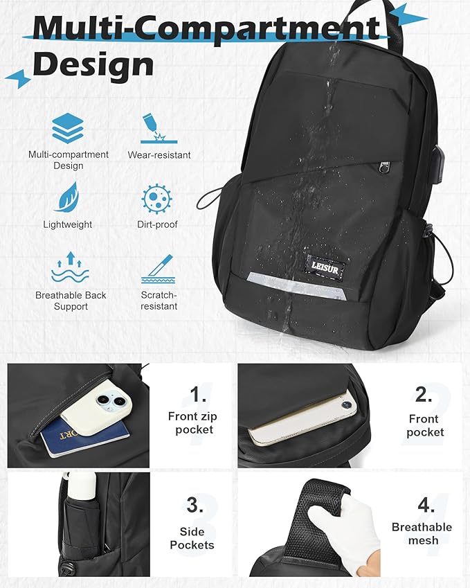 Black Crossbody Sling Backpacks Sling Bag for Men Women, Small Shoulder Backpack Motorcycle Chest Bags One Strap Backpack, Mini Chest Daypack for Casual Travel Hiking Gym Outdoor Sports