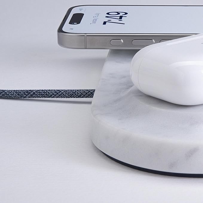 Einova Dual Classic Stone – Dual Wireless Charging Pad in Genuine Marble, Designed in Italy, Integrated 6 ft USB-C Cable, Smartphones, Wireless Earbuds, Smartwatches – White Carrara Marble