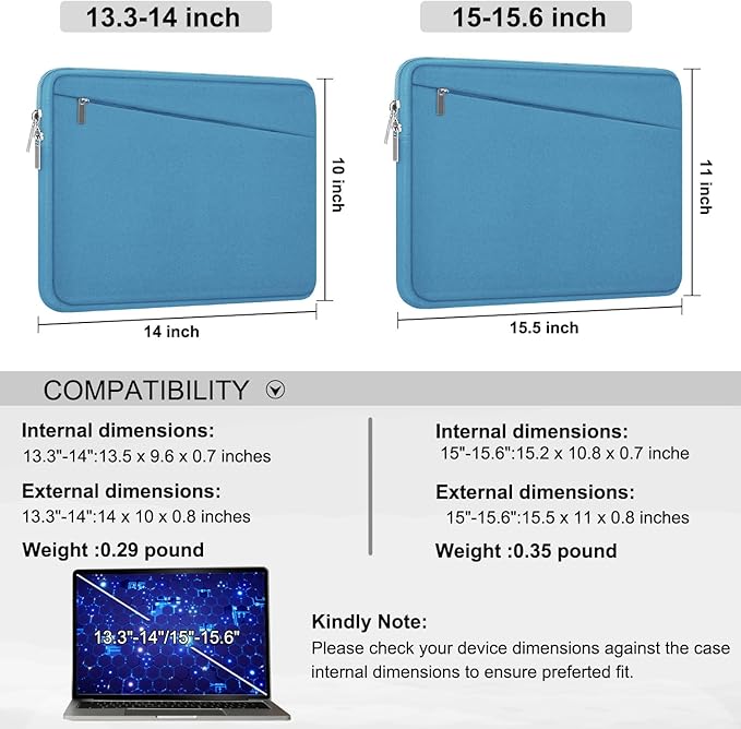 15.6 inch Laptop Sleeve, Slim Computer Carrying Bag Protective Cover Briefcase with Front Pocket, Durable Laptop Case for 15-16 Inch HP, Dell, Lenovo, Asus- Sky Blue