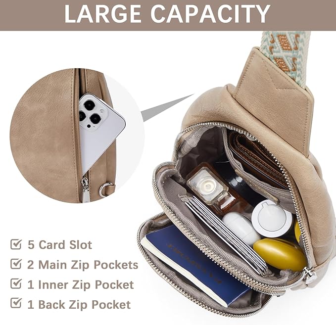 BOSTANTEN Sling Bag for Women Leather Crossbody Bag Vintage Cross Body Purse for Travel with Guitar Strap, Bohemian Style