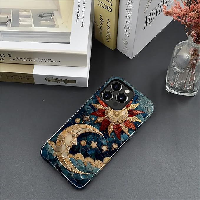 Case for iPhone 12 Pro Max Case,Sun Moon Stars Faux Stained Glass Design Hybrid Dual Protection Silicone + Hard PC Shockproof Full Body Cover,Slim Anti-Scratch Protective for Men Women
