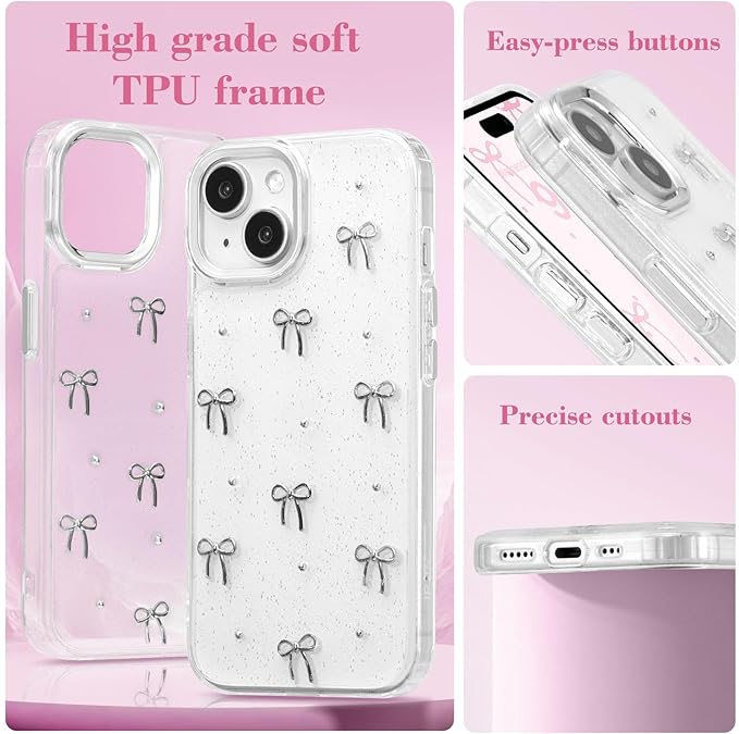 EYZUTAK Case for iPhone 13/iPhone 14, Bling Glitter 3D Bowknot Phone Case Cute Sparkly Crystal Clear Bow Aesthetic Design Case Slim Soft Durable TPU Transparent Protective Cover for Women Girls - Bow
