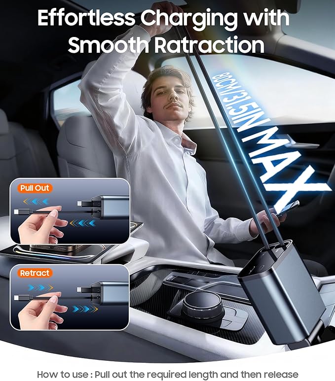 Temdan Retractable Car Charger, 4 in 1 Fast Charger USB C Car Truck Accessories, Travel Essentials Gifts for Women Men, Car Accessories for iPhone 17 Pro Max Air 16 15 14 13 Plus,Galaxy,Pixel-Grey