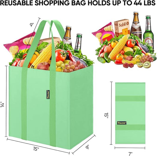 BALEINE 4 PK Grocery Bags Reusable Shopping Bags with Reinforced Bottom, Heavy Duty Foldable Tote BagsLight Green, 4 Pack