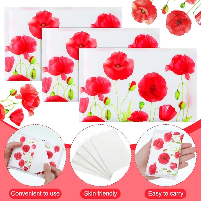 Geyee 50 Packs Facial Tissue Travel Packs Disposable Pocket Tissues for Wedding Guest Travel School Purse Home Supplies, 500 Sheets 3 Ply(Poppy)