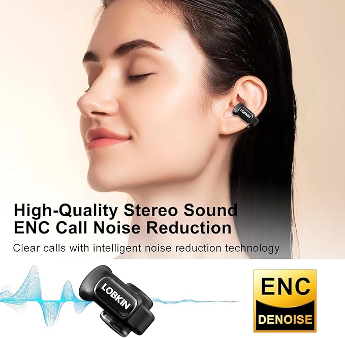 LOBKIN Open Ear Clip On Earbuds Wireless Bluetooth, Waterproof Clip On Headphones, Lightweight, Comfortable for Small Ears Women, Clip On Ear Buds with Mic, LED Display, Sports Running Workout Black