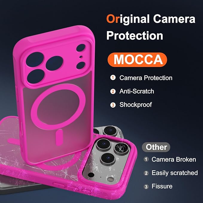 MOCCA Strong Magnetic Compatible with iPhone 17 Pro Max Case [Compatible with Magsafe] [Full Camera Protection] Slim Translucent Matte Shockproof Phone Case Cover 6.9",Hot Pink