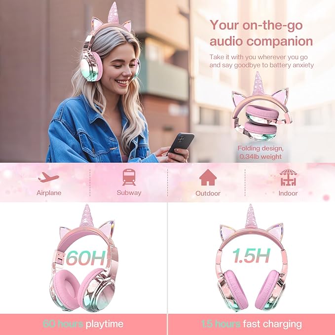 QearFun Kids Unicorn Bluetooth Headphones, 60H Playtime, 74/85/94dB Safe Volume Limit, Metallic Gradient Wireless Headset with Mic, Fast Charging, Foldable, Wired Mode for Girls School/Tablet/Travel