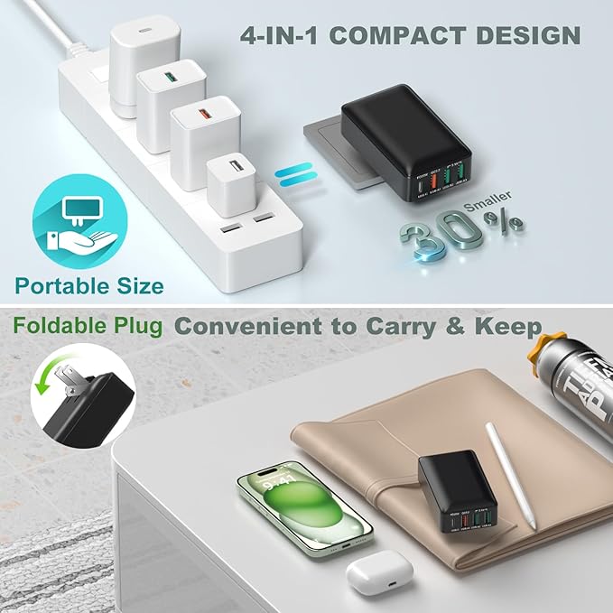 Flat USB C Wall Charger, OKRAY 40W 4-Port Fast Charging Blocks with Foldable Plug, QC&PD3.0 Multiport Travel Power Adapter Type C Phone Charger Compatible for iPhone 16 15 14 13 12 Pro, Galaxy S25 A35