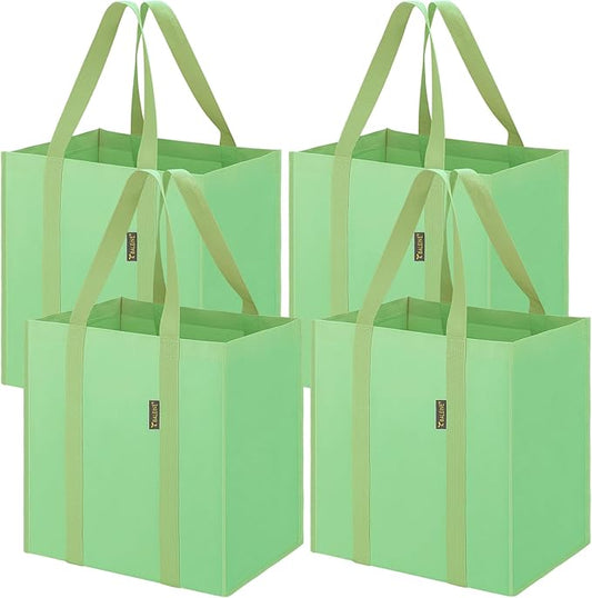 BALEINE 4 PK Grocery Bags Reusable Shopping Bags with Reinforced Bottom, Heavy Duty Foldable Tote BagsLight Green, 4 Pack