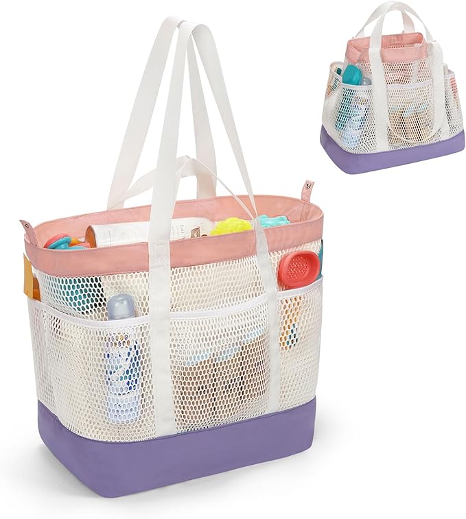 Mesh Beach Bag, Extra Large Beach Bags for Women, Lightweight Foldable Sandproof Tote Bag for Family & Vacation