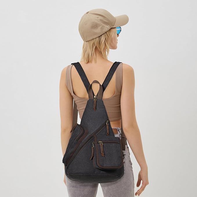 KL928 Canvas Sling Bag - Casual Crossbody Shoulder Daypack Rucksack Backpack for Men Women, Black