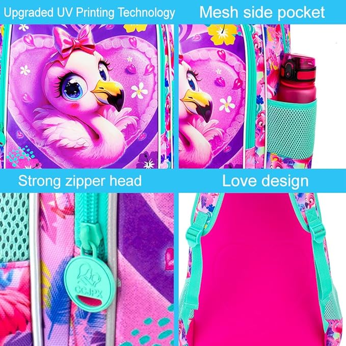 16" Girls Backpack, 3Pcs Flamingo School Bookbag with Lunch Box, Kids Backpacks for Elementary Preschool Kindergarten(Pink)