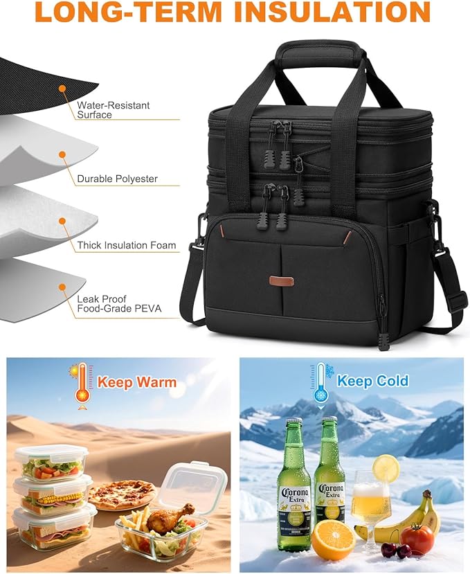 Lunch Box for Men Women Double Deck Insulated Lunch Bag for Men Woman Leakproof Expandable Cooler Bag with Adjustable Shoulder Strap for Work Picnic School(Black,16L)