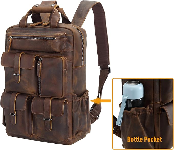 Polare Cowhide Leather Multiple Laptop Backpack Day Pack Travel Bag Satchel For Men