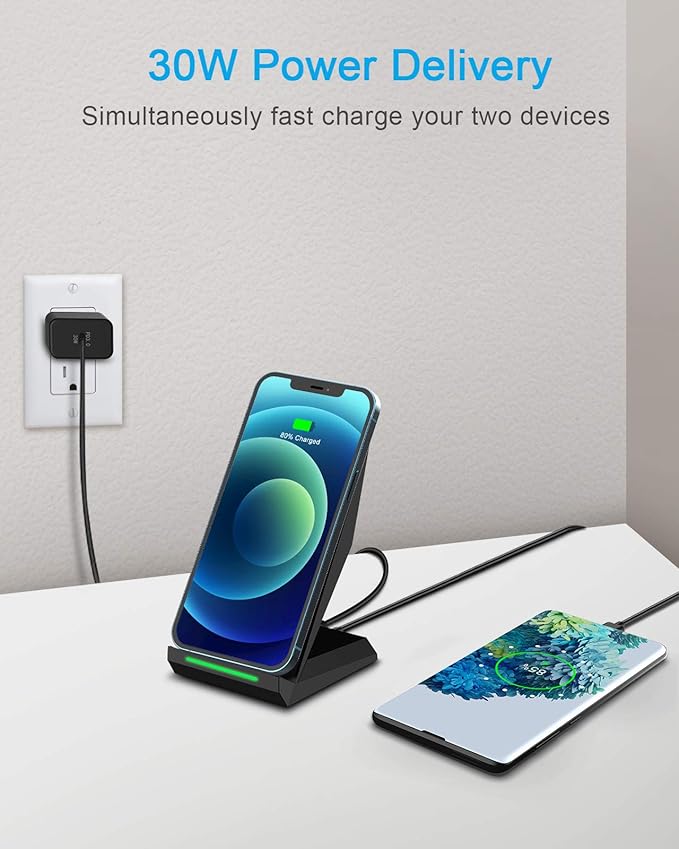 Nanami 2 in 1 Wireless Charger,Equipped with PD 30W Adapter,Qi Certified Fast Charging Stand with USB-A Port Compatible iPhone 16/15/14/13/12/11,Phone Charger for Samsung Galaxy S25/S24/S23/S22/S21
