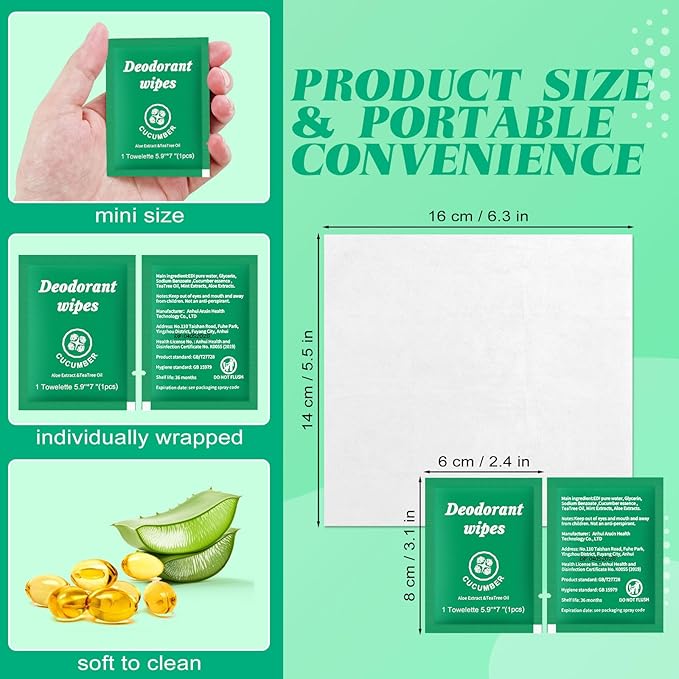 Travel Deodorant Wipes Individually Wrapped,Body Wipes to Clean Skin for Women Men（Cucumber,pack of 100)