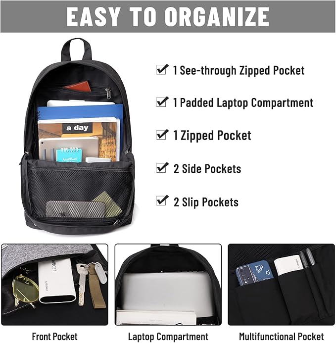 VASCHY Backpack for Men, Water-Resistant School Backpack Bookbag Schoolbag Teens Casual Daypack Work Black