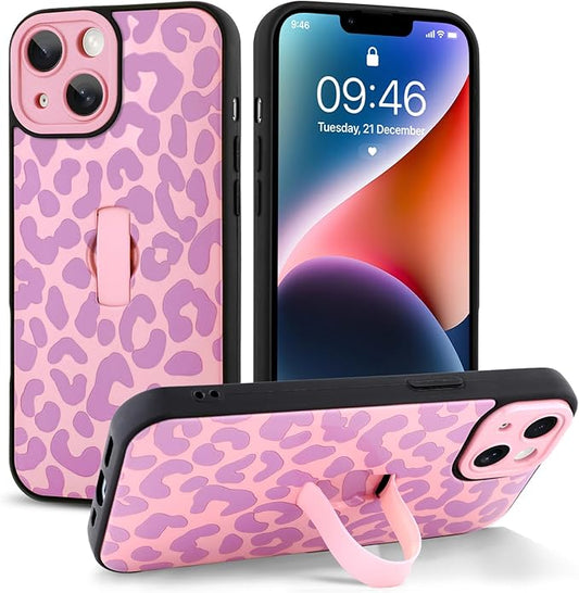 Compatible with iPhone 14 Case with Finger Hand Strap Kickstand, Trendy Cool Leopard Cheetah Print Phone Case for Women Men, Full Camera Protection Shockproof Protective Cover, Pink