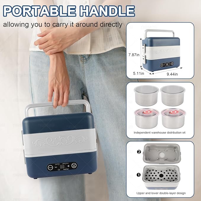 Electric Heated Lunch Box for Adults, 2.4L Portable Fast Heating Lunch box with 4 pcs-Food Container,110v Double Steam Electric Food Warmer for Work, Travel, Vegetarians