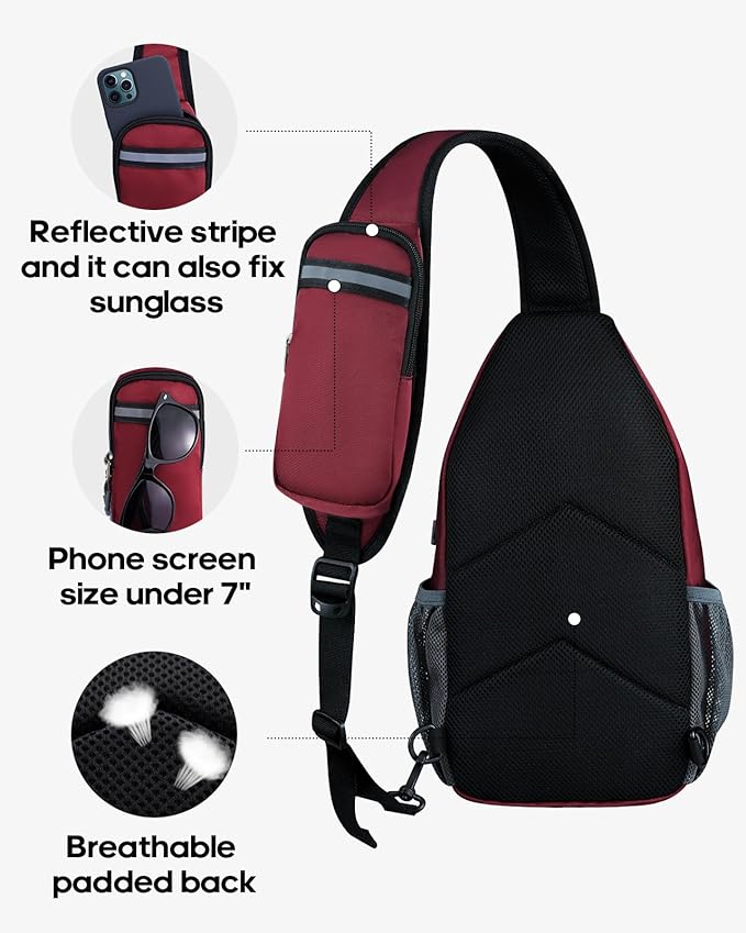WATERFLY Crossbody Sling Backpack Sling Bag Travel Hiking Chest Bag Daypack (Dark Red)