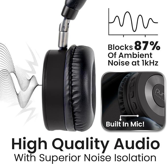 Puro Sound Labs JuniorJam Plus Volume-Limiting Wireless Bluetooth Headphones for Kids, Secure Audio with Adjustable On-Ear Design, 22-Hour Battery, Ideal for Tablets, Smartphones & PCs - Black