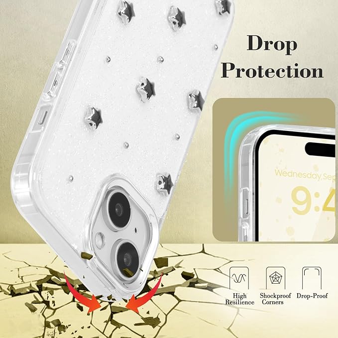 EYZUTAK Case for iPhone 13/iPhone 14, Bling Glitter 3D Stars Phone Case Cute Sparkly Crystal Clear Star Aesthetic Design Case Slim Soft Durable TPU Transparent Protective Cover for Women Girls - Star