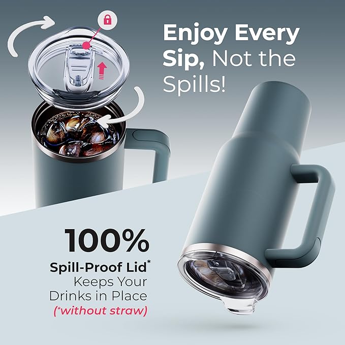 40 oz Tumbler With Handle and Straw Made of Stainless Steel - Double Wall Vacuum Insulated Tumbler With Lid - Sweat Proof Easy Grip, BPA-Free, Dishwasher Safe Tumbler (Charcoal)