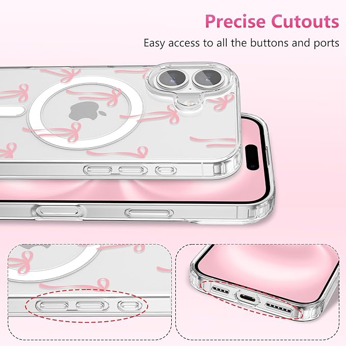 ZTOFERA for iPhone 16 Plus Magnetic Case Clear,Cute Love Heart Ribbon Bow Tie Aesthetic Phone Case,Transparent Trendy Slim Soft Shockproof Protective Phone Cover for Women Girls,Pastel Pink