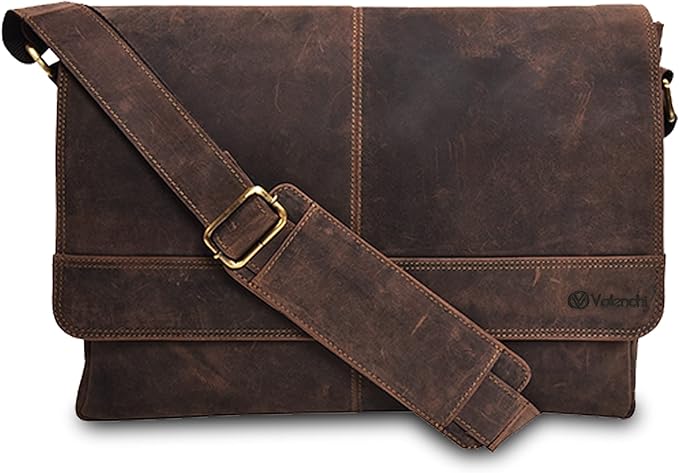 VALENCHI Leather Messenger Bag For Men, Women - 14" Leather Laptop Messenger Briefcase & Shoulder Bag - Office, Work, College, Casual - Gift For Him, Her - Father's day (BROWN VINTAGE)