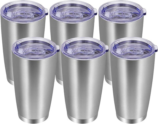 VEGOND 20oz Tumbler with Lid and Straw Stainless Steel Tumbler Cup Bulk Vacuum Insulated Double Wall Travel Coffee Mug Powder Coated Coffee Cup(Stainless 6 Pack