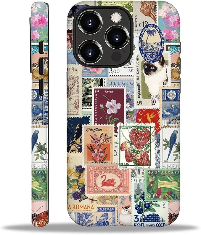 Case for iPhone 16 Pro Max,Vintage Stamp Collage for Woman Men Full Body Protective Cover Shockproof 2 in 1 Silicone + Hard PC Case for iPhone 16 Pro Max
