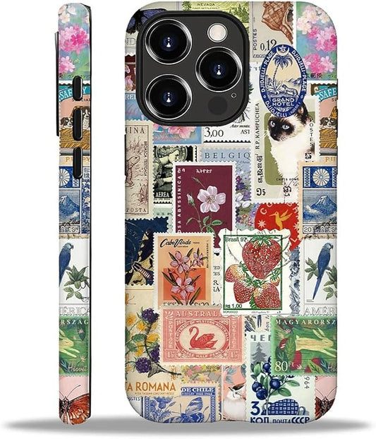 Case for iPhone 16 Pro Max,Vintage Stamp Collage for Woman Men Full Body Protective Cover Shockproof 2 in 1 Silicone + Hard PC Case for iPhone 16 Pro Max
