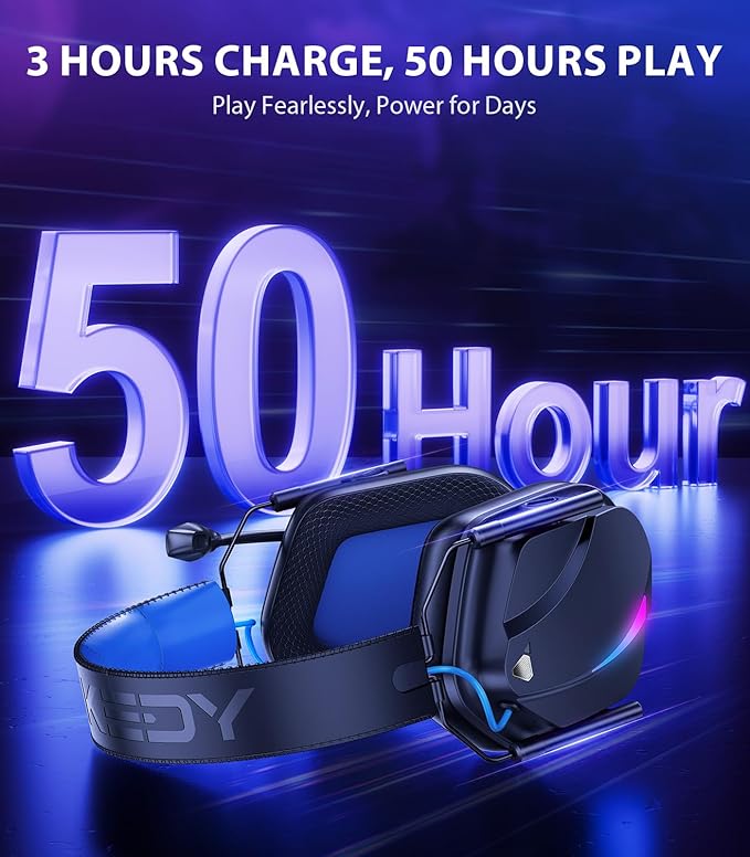 HW12 Wireless Gaming Headset for PC, PS5, PS4, Switch, Mac, 2.4GHz Bluetooth Over Ear The Headphones with Noise Cancelling Mic, Stereo Sound, LED Light, 50H Battery Headsets for Gamers