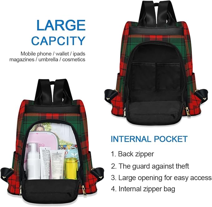 ALAZA Christmas Tartan Plaid Backpack Purse for Women Anti Theft Fashion Back Pack Shoulder Bag